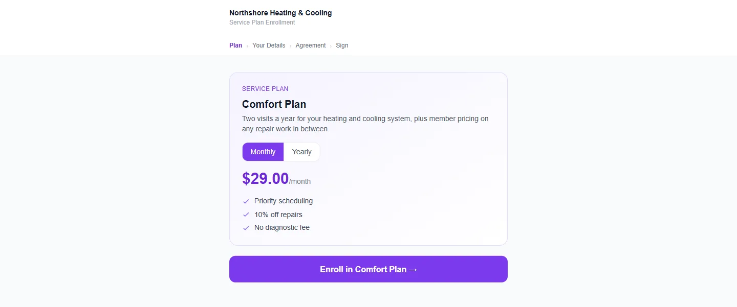 The enrolment page a customer sees from a shared link. They choose monthly or yearly, then sign and pay.