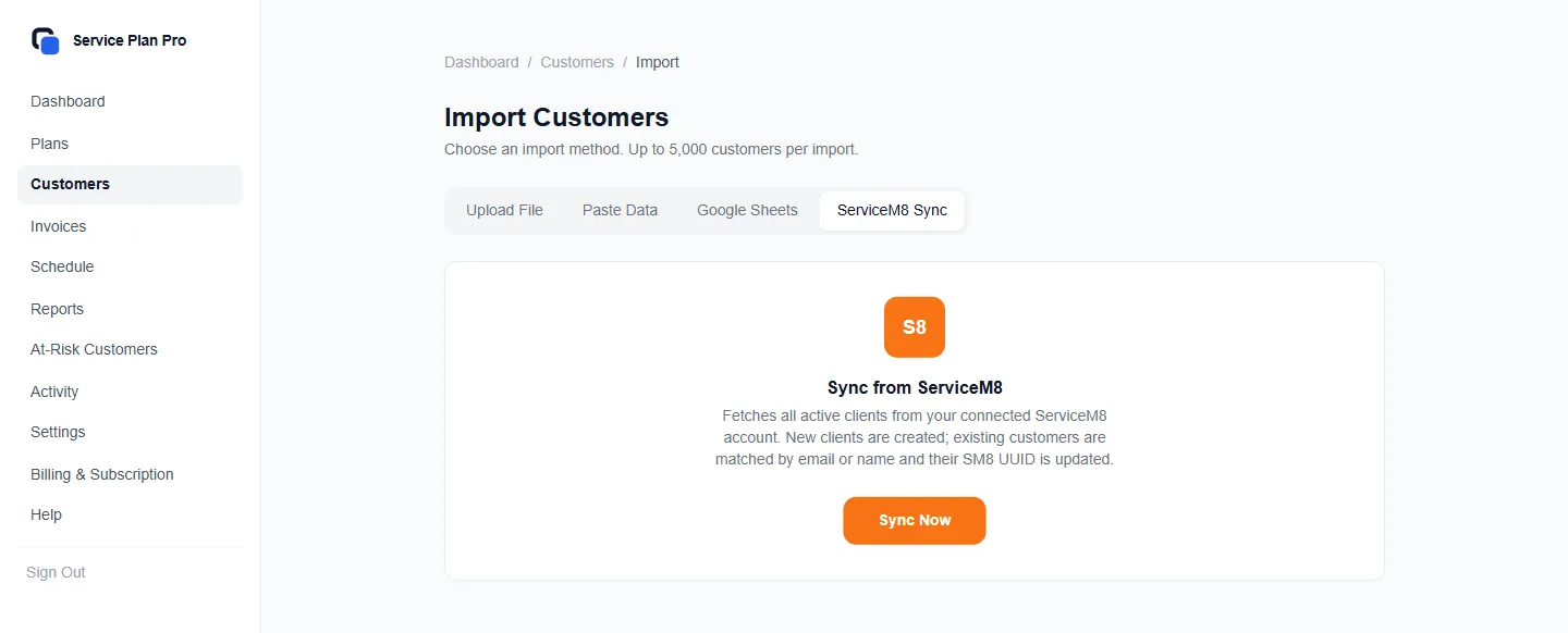 Sync from ServiceM8 pulls active clients into the customer list.