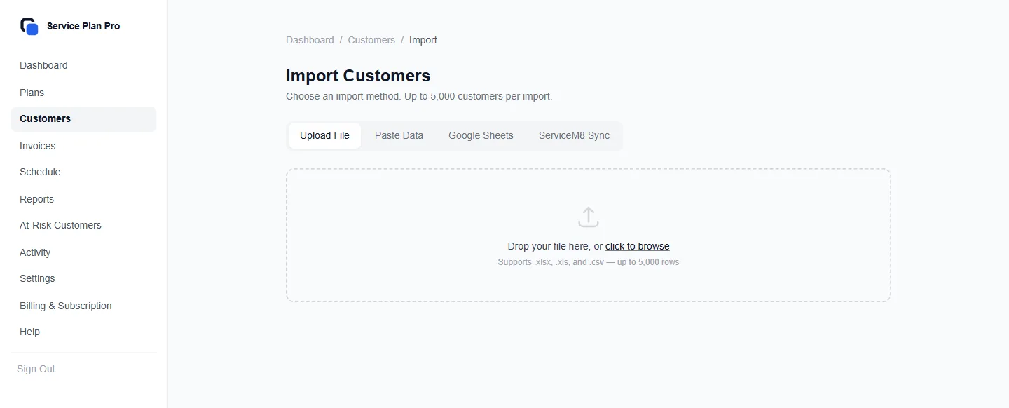 Import from a file, pasted data, Google Sheets, or a connected ServiceM8 account.