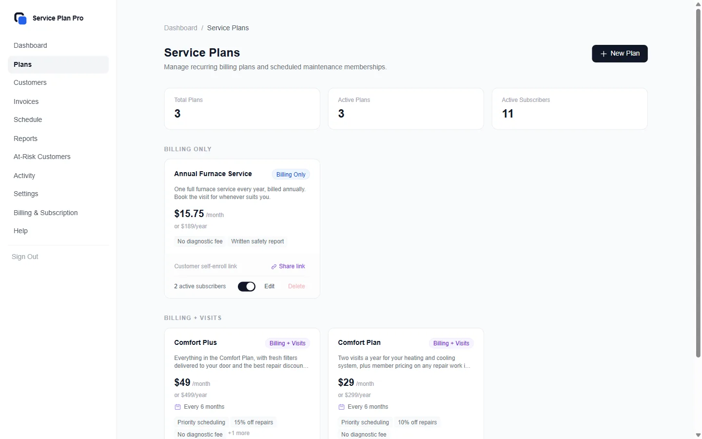 Three plans on the Plans screen. Billing-only and billing-plus-visits plans sit in their own groups.
