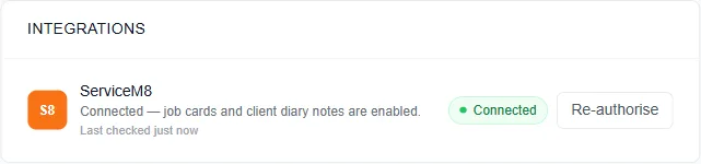Settings shows the ServiceM8 connection and whether job cards and diary notes are enabled.