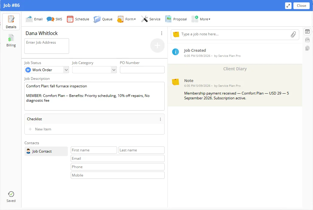 The open job card. Job Created is stamped by Service Plan Pro, and the Client Diary carries the membership payment note.